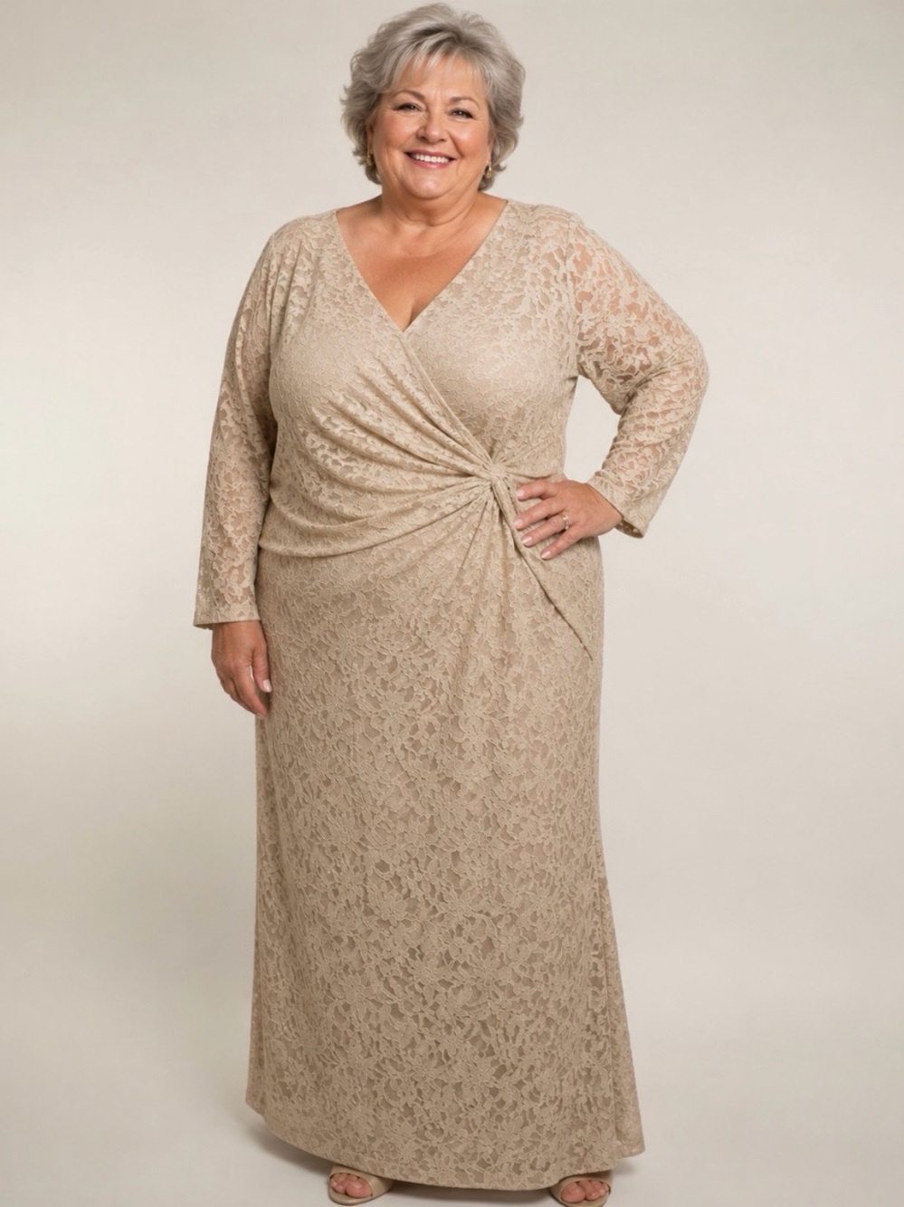 Lauren Ralph Lauren Lace Draped Long Sleeve Maxi Dress - Ivory